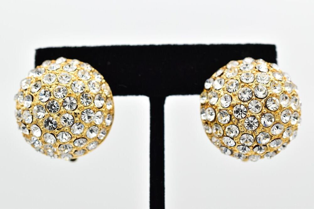 Vintage Crystal Dome Clip On Earrings Rhinestone Heavy Chunky Gold 1980s BinBF